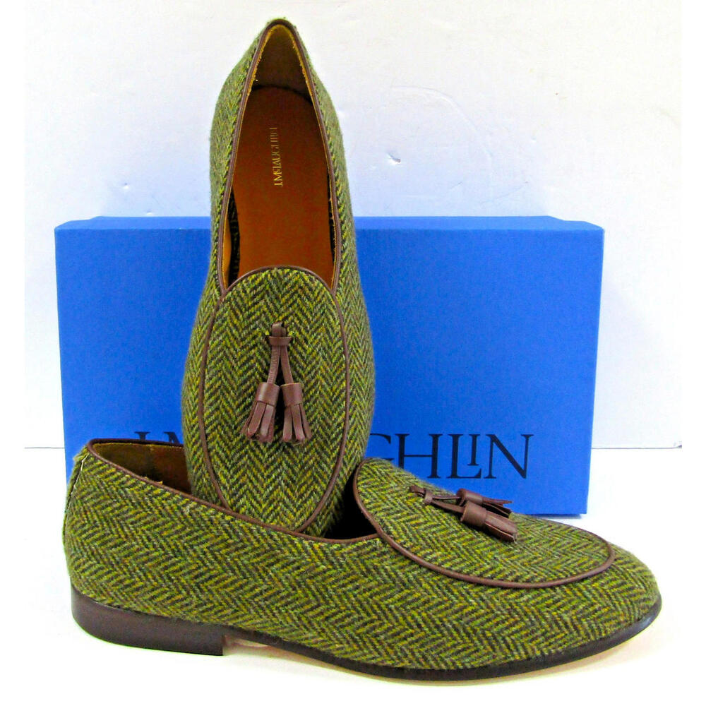 Pair of Men's J. McLaughlin Stemar Oskar Green Herringbone Tassel Loafer Sz 10.5